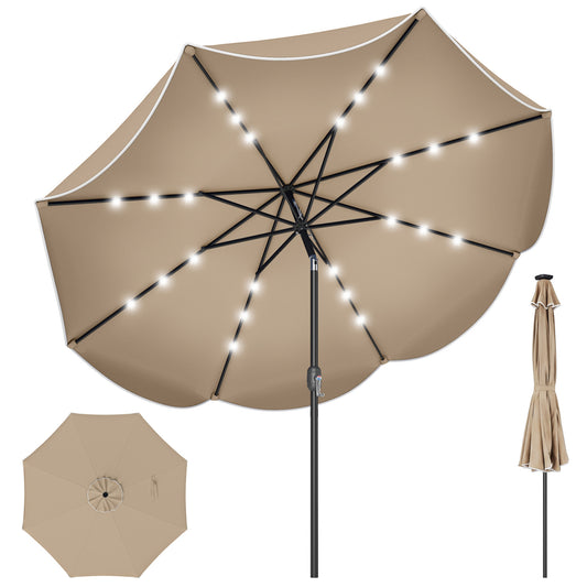 9 Ft Scalloped Solar Patio Umbrella With LED Lights, Tan Outdoor Umbrellas Tan at Gallery Canada