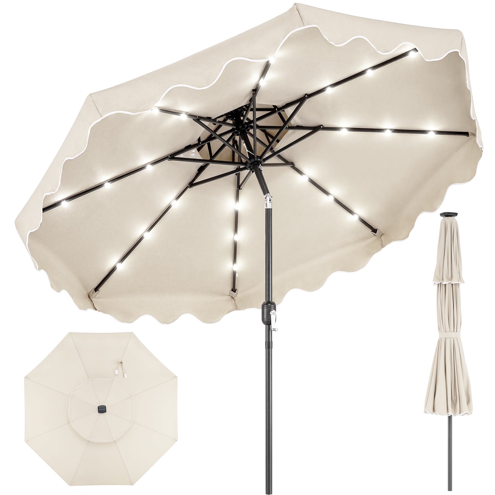9 FT Solar LED Patio Umbrella, Push-Button Tilt Crank, Beige Outdoor Umbrellas Beige at Gallery Canada