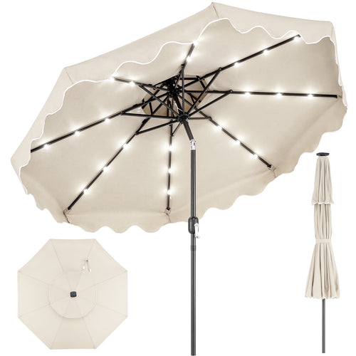 9 FT Solar LED Patio Umbrella, Push-Button Tilt Crank, Beige