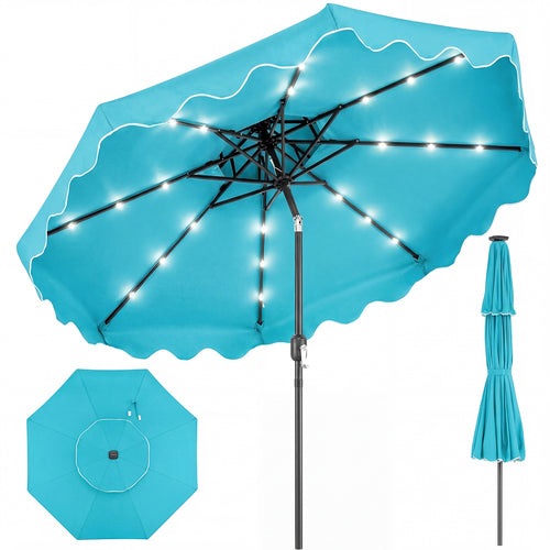 9 FT Solar LED Patio Umbrella, Push-Button Tilt Crank, Turquoise
