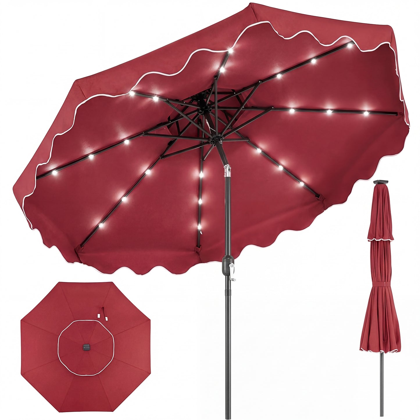 9 FT Solar LED Patio Umbrella, Push Button Tilt Crank, Red Outdoor Umbrellas Red at Gallery Canada