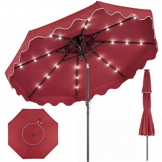 9 FT Solar LED Patio Umbrella, Push Button Tilt Crank, Red Outdoor Umbrellas Red at Gallery Canada