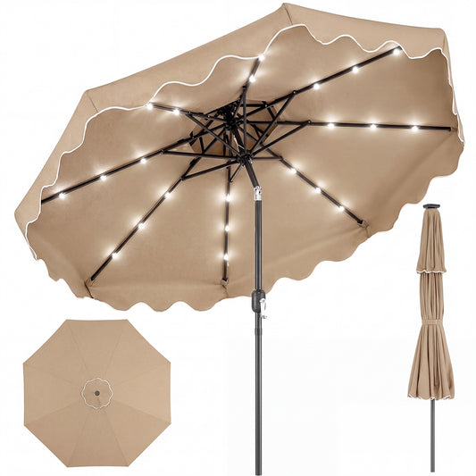 9 FT Solar LED Patio Umbrella, Push-Button Tilt Crank, Brown Outdoor Umbrellas Brown at Gallery Canada