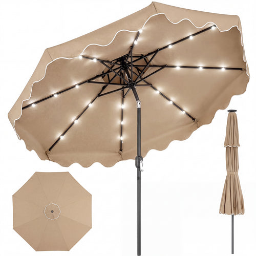 9 FT Solar LED Patio Umbrella, Push-Button Tilt Crank, Brown
