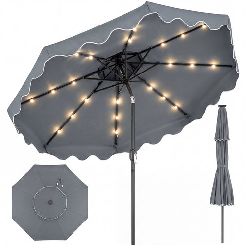 9 FT Solar LED Patio Umbrella, Push-Button Tilt Crank, Gray