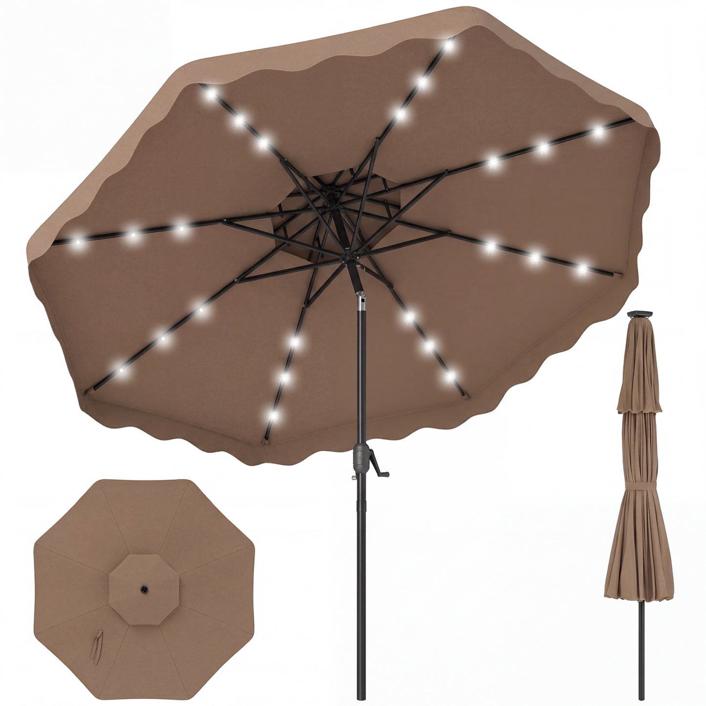 9 FT Solar LED Patio Umbrella, Push-Button Tilt Crank, Brown Outdoor Umbrellas at Gallery Canada