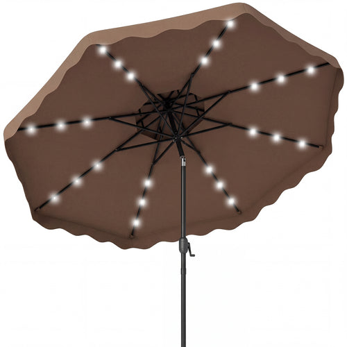 9 FT Solar LED Patio Umbrella, Push-Button Tilt Crank, Brown