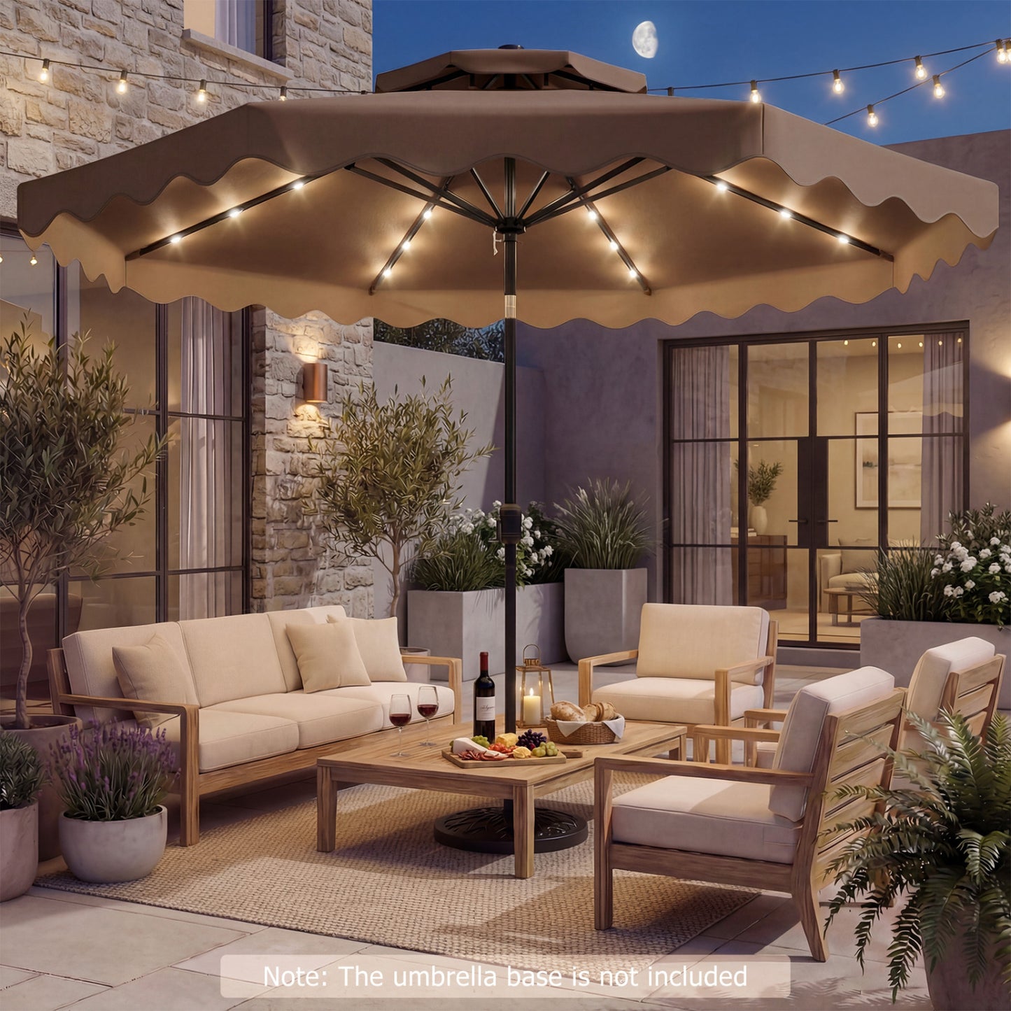 9 FT Solar LED Patio Umbrella, Push-Button Tilt Crank, Brown Outdoor Umbrellas at Gallery Canada