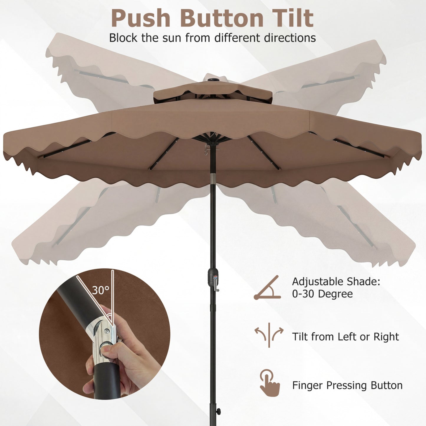 9 FT Solar LED Patio Umbrella, Push-Button Tilt Crank, Brown Outdoor Umbrellas at Gallery Canada