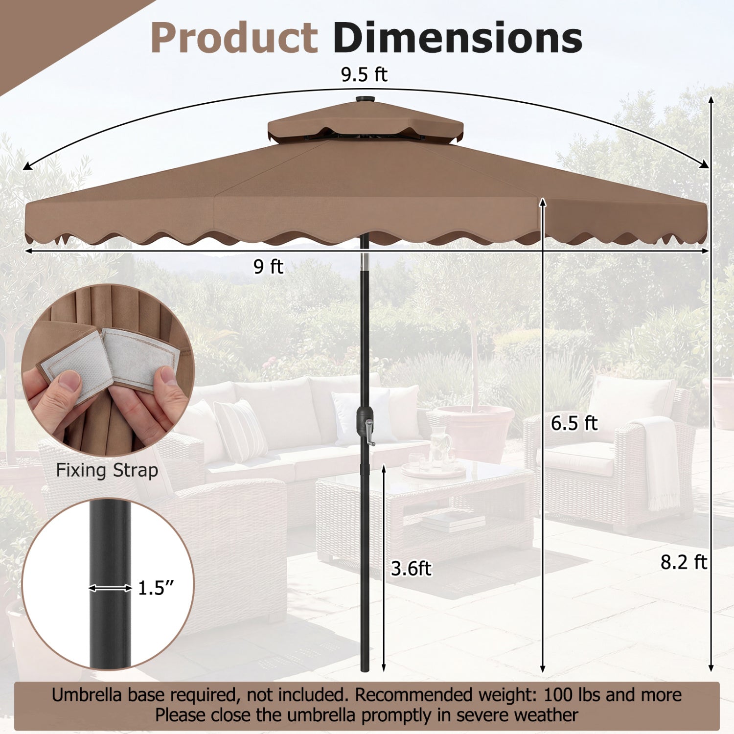 9 FT Solar LED Patio Umbrella, Push-Button Tilt Crank, Brown Outdoor Umbrellas at Gallery Canada
