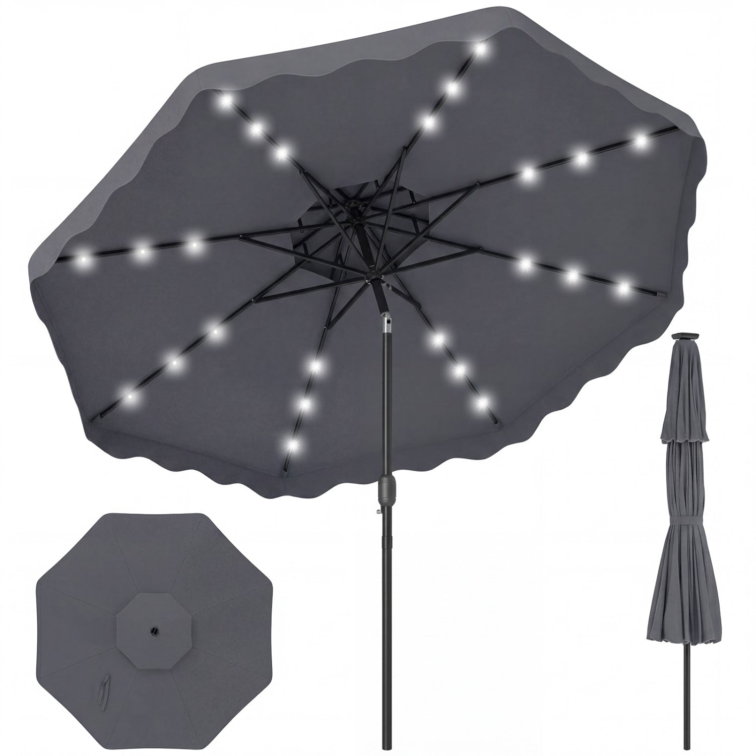 9 FT Solar LED Patio Umbrella, Push-Button Tilt Crank, Gray Outdoor Umbrellas at Gallery Canada