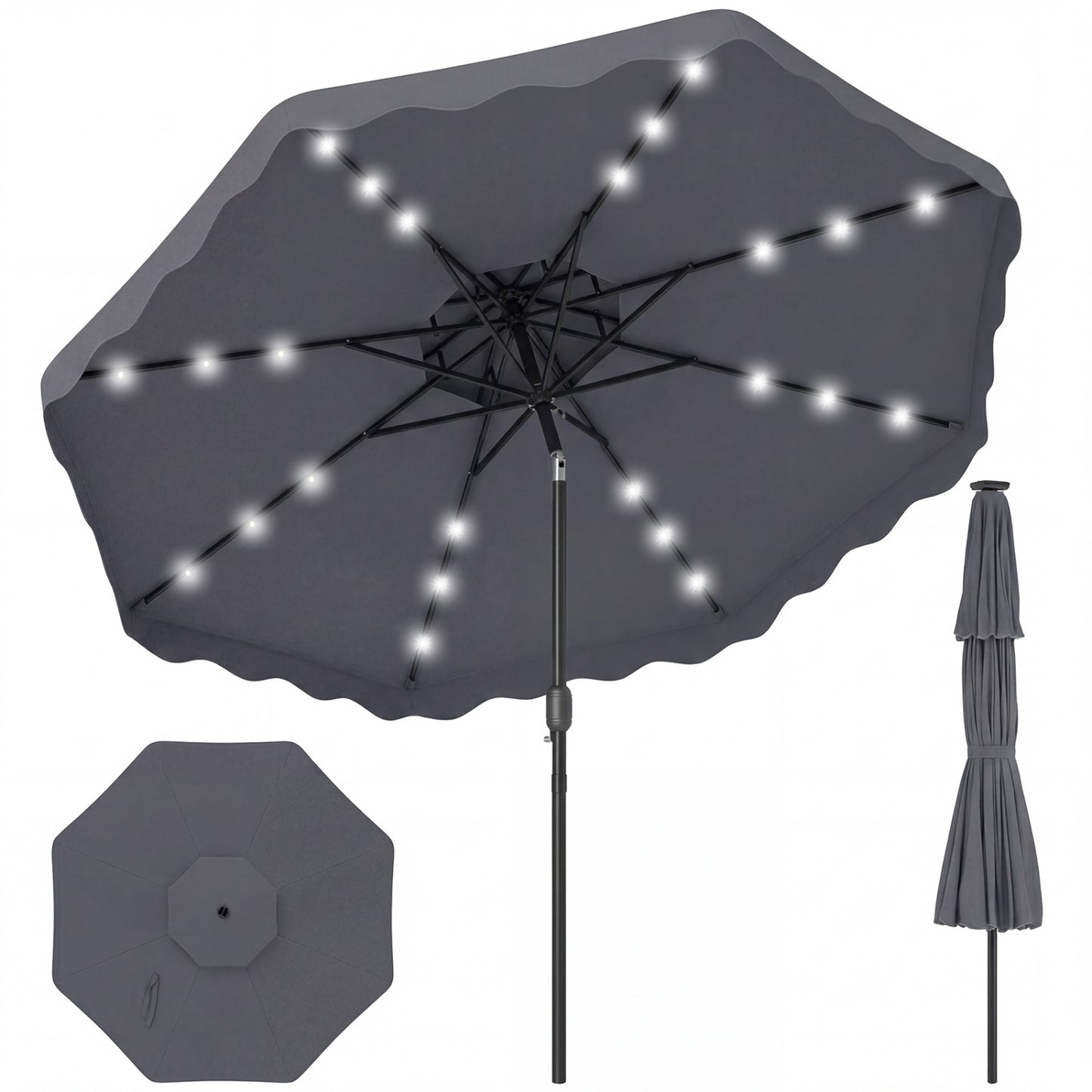 9 FT Solar LED Patio Umbrella, Push-Button Tilt Crank, Gray Outdoor Umbrellas at Gallery Canada