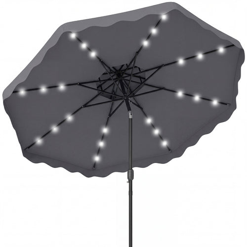 9 FT Solar LED Patio Umbrella, Push-Button Tilt Crank, Gray