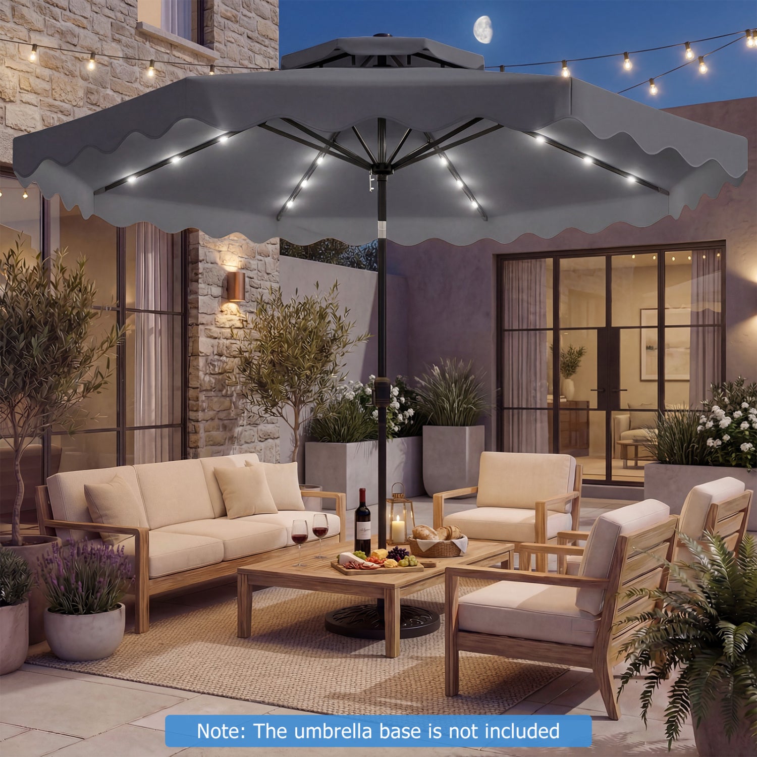 9 FT Solar LED Patio Umbrella, Push-Button Tilt Crank, Gray Outdoor Umbrellas at Gallery Canada
