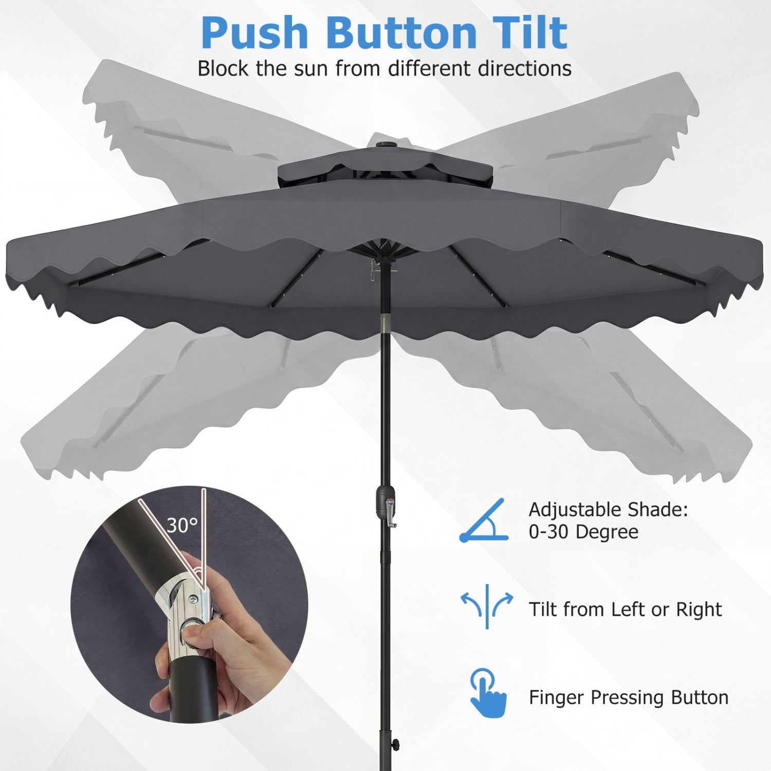 9 FT Solar LED Patio Umbrella, Push-Button Tilt Crank, Gray Outdoor Umbrellas at Gallery Canada