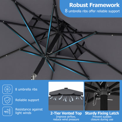 9 FT Solar LED Patio Umbrella, Push-Button Tilt Crank, Gray Outdoor Umbrellas at Gallery Canada
