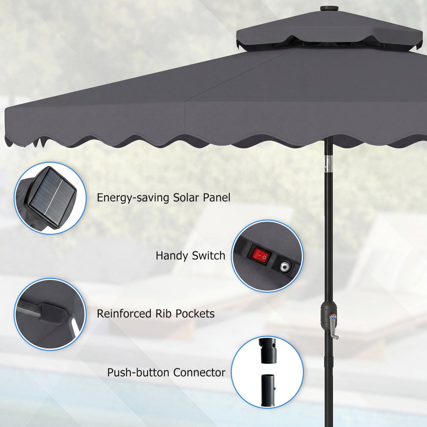 9 FT Solar LED Patio Umbrella, Push-Button Tilt Crank, Gray Outdoor Umbrellas at Gallery Canada