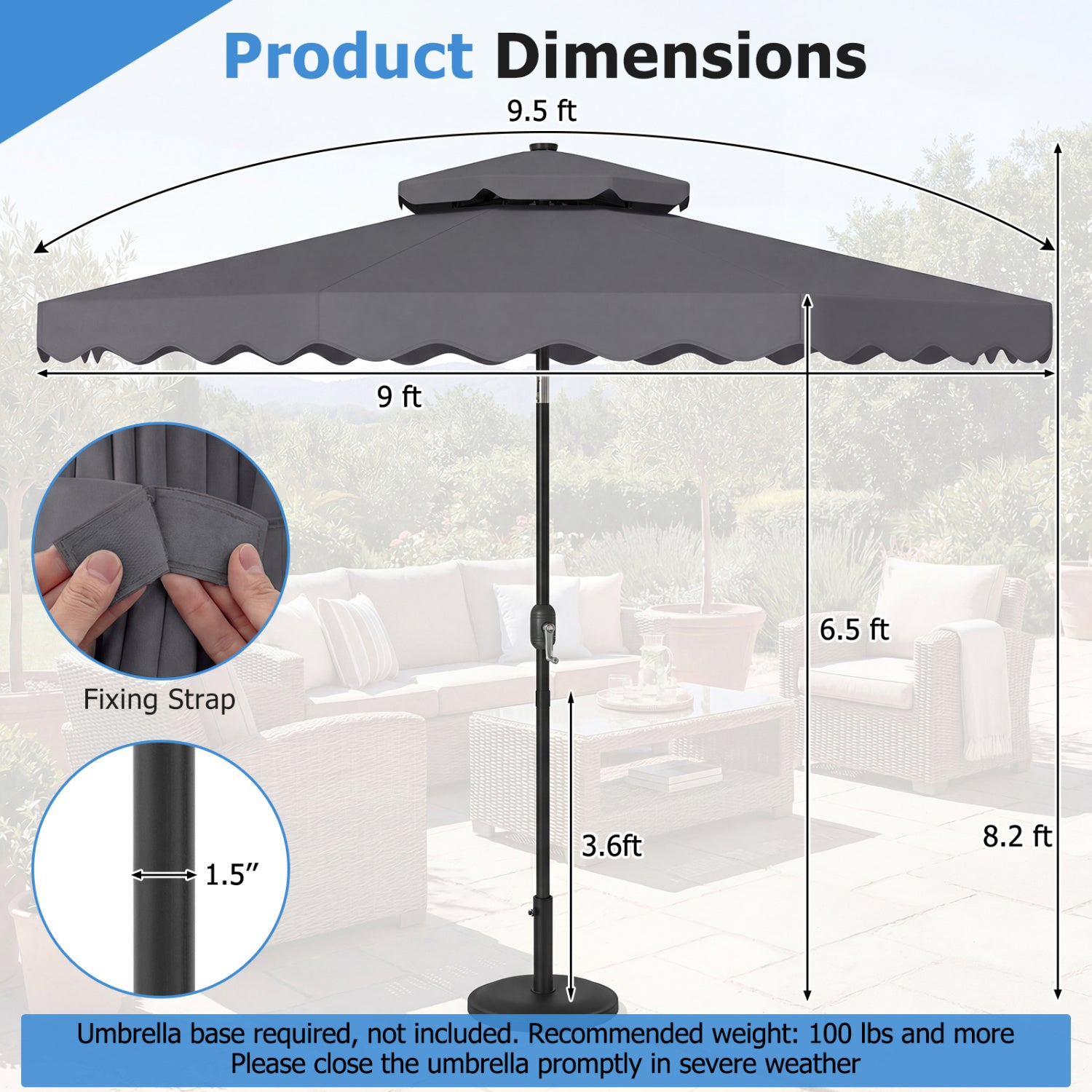 9 FT Solar LED Patio Umbrella, Push-Button Tilt Crank, Gray Outdoor Umbrellas at Gallery Canada