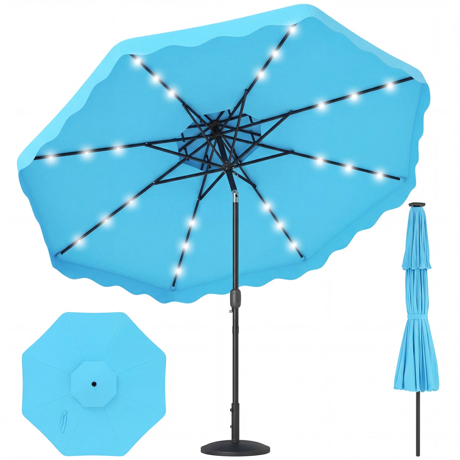9 FT Solar LED Patio Umbrella, Push-Button Tilt Crank, Turquoise Outdoor Umbrellas at Gallery Canada