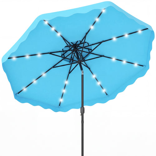 9 FT Solar LED Patio Umbrella, Push-Button Tilt Crank, Turquoise