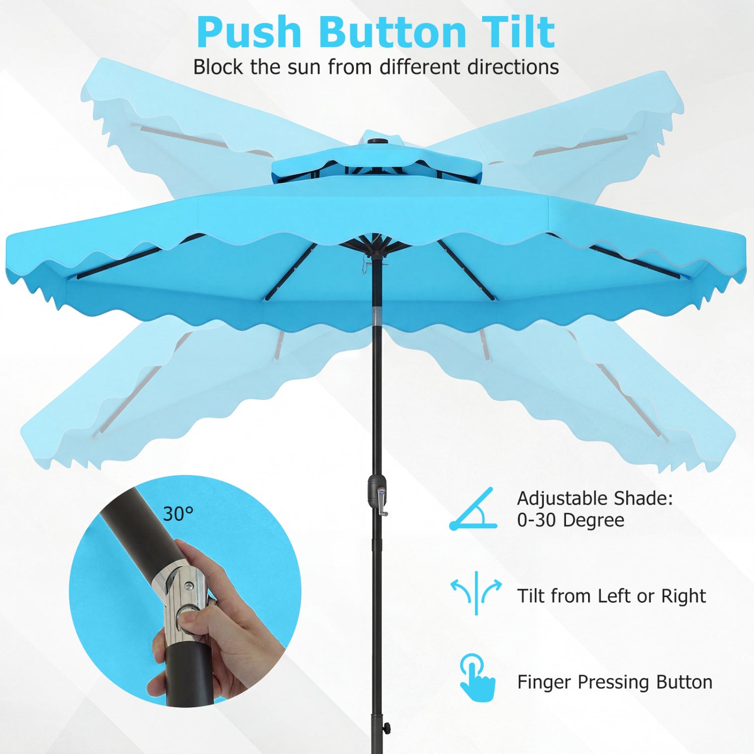 9 FT Solar LED Patio Umbrella, Push-Button Tilt Crank, Turquoise Outdoor Umbrellas at Gallery Canada