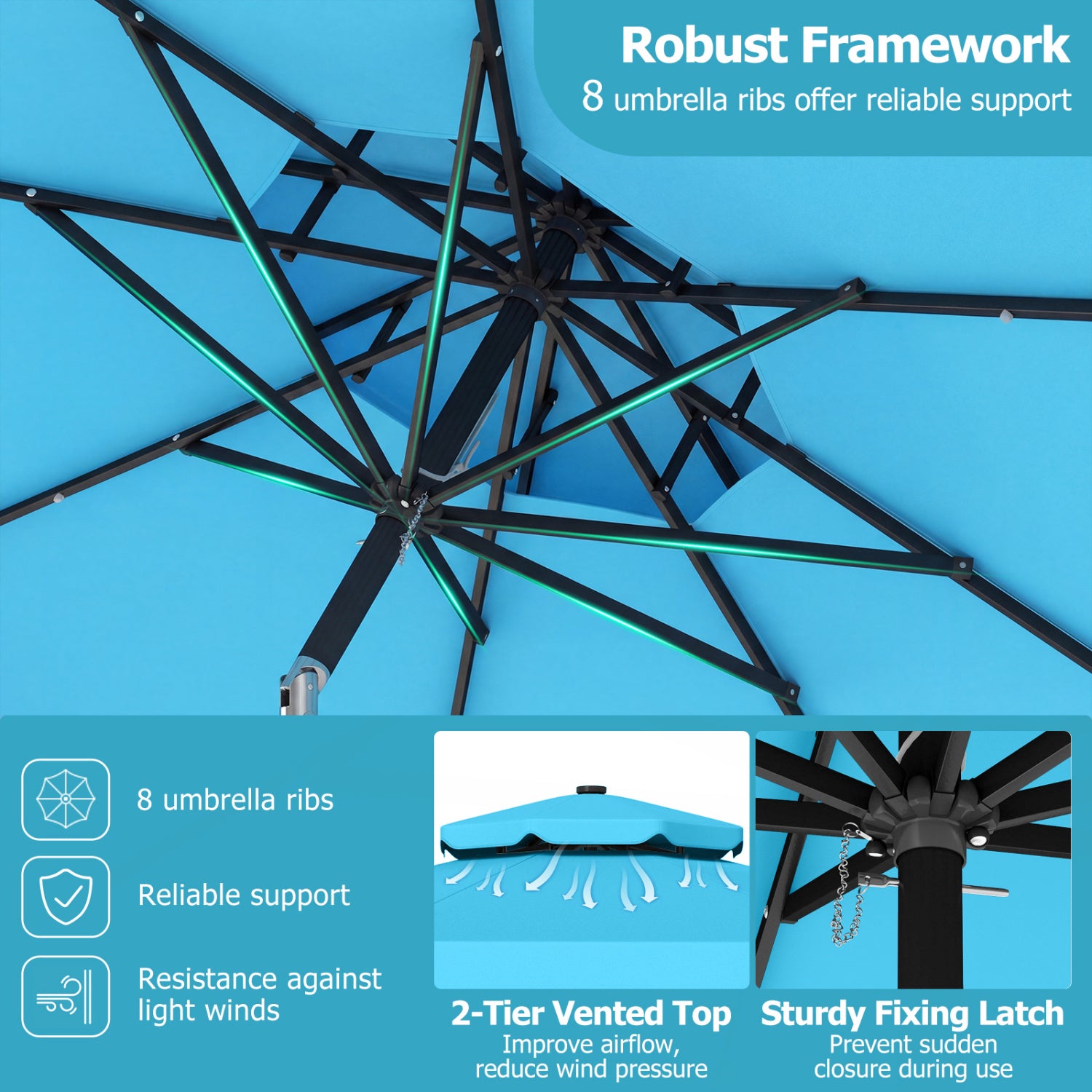 9 FT Solar LED Patio Umbrella, Push-Button Tilt Crank, Turquoise Outdoor Umbrellas at Gallery Canada