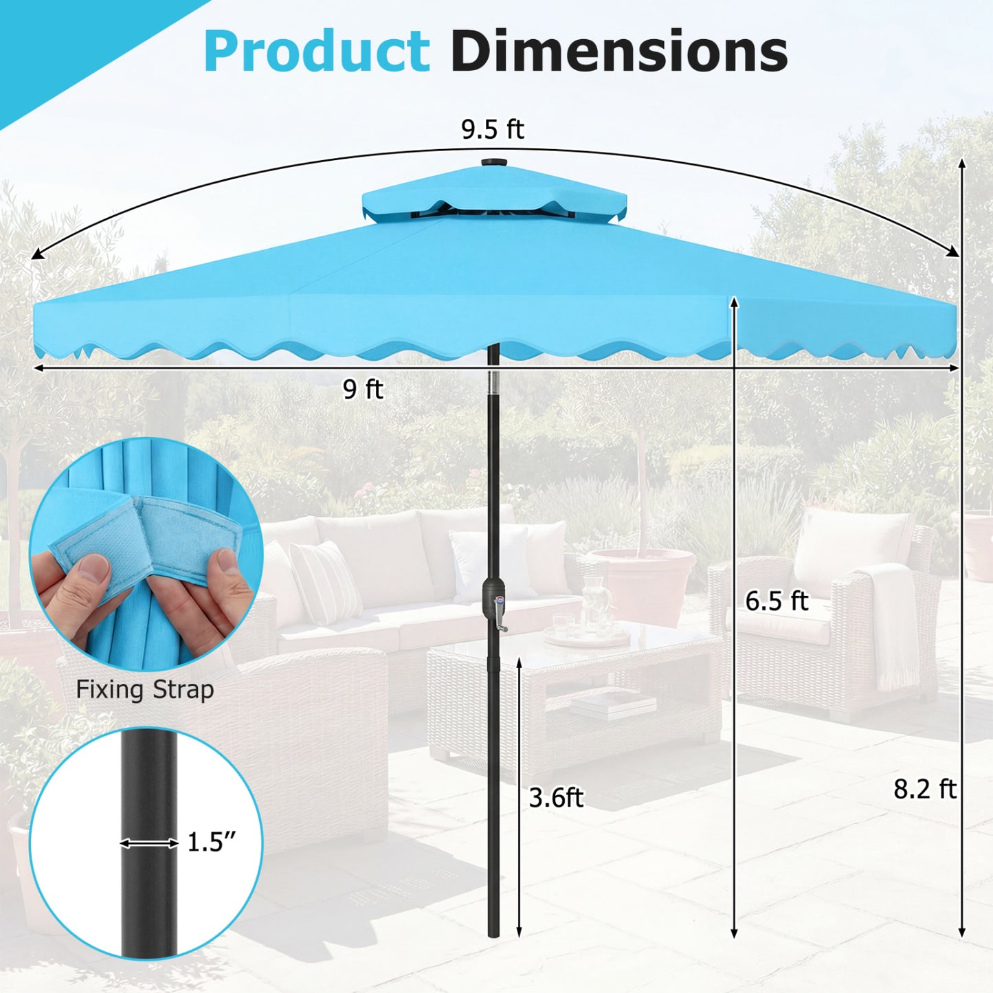 9 FT Solar LED Patio Umbrella, Push-Button Tilt Crank, Turquoise Outdoor Umbrellas at Gallery Canada