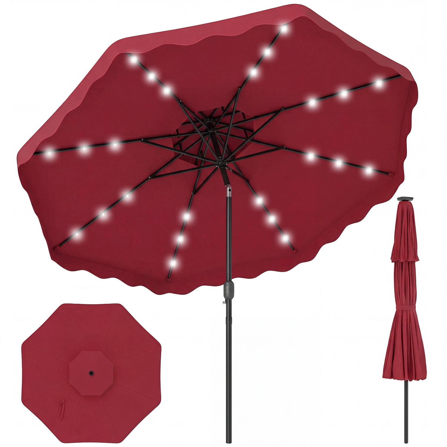 9 FT Solar LED Patio Umbrella, Push Button Tilt Crank, Red Outdoor Umbrellas at Gallery Canada