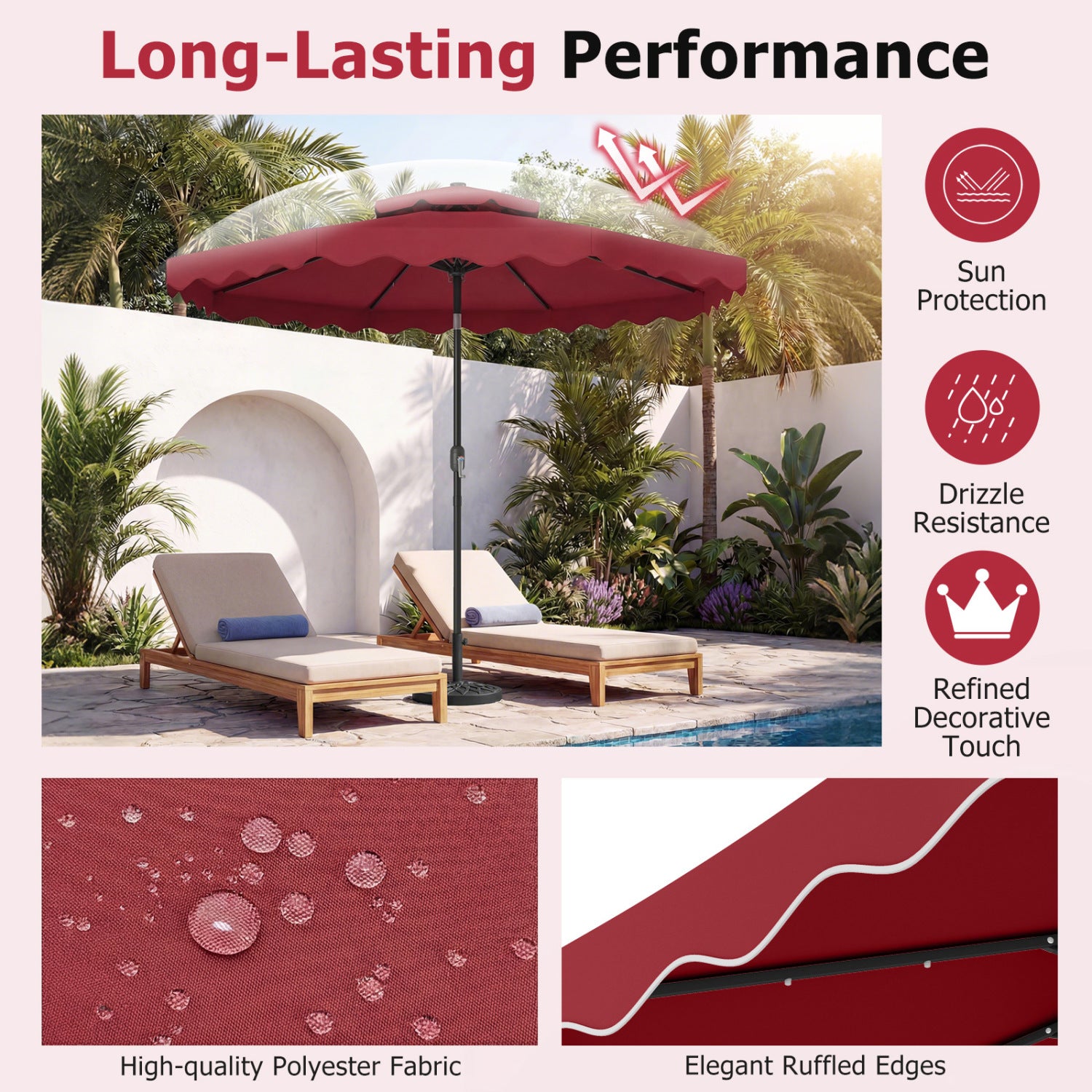 9 FT Solar LED Patio Umbrella, Push Button Tilt Crank, Red Outdoor Umbrellas at Gallery Canada