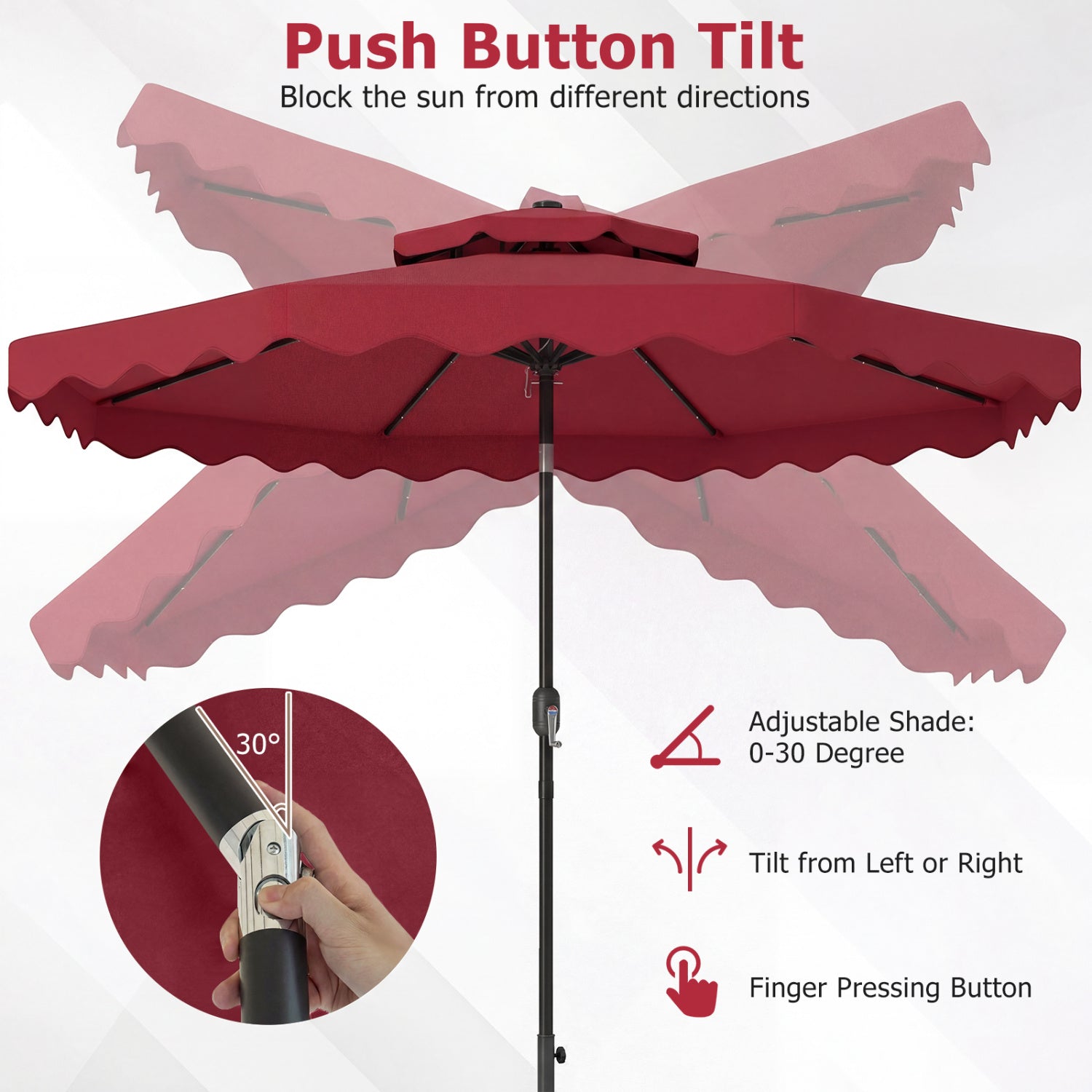 9 FT Solar LED Patio Umbrella, Push Button Tilt Crank, Red Outdoor Umbrellas at Gallery Canada