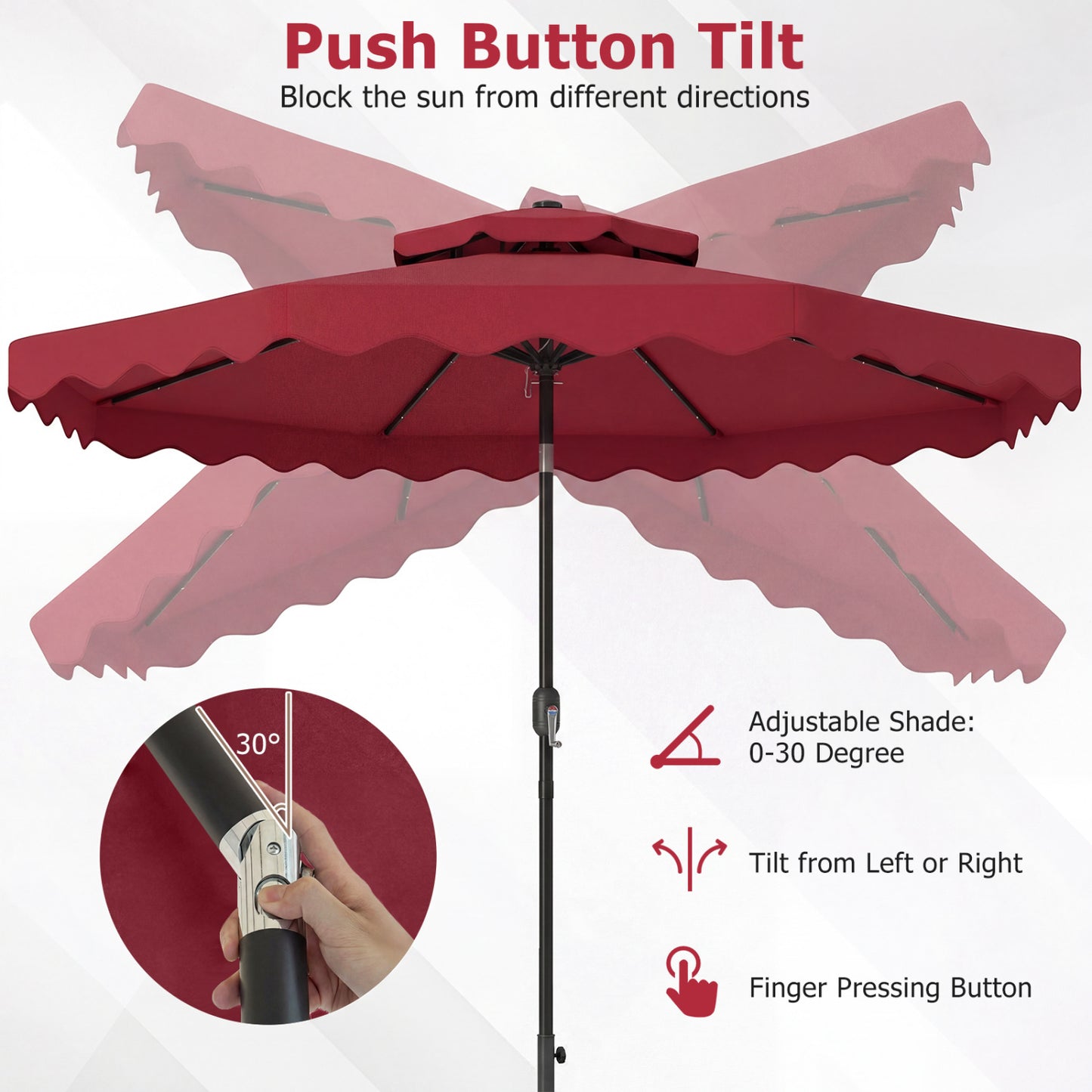 9 FT Solar LED Patio Umbrella, Push Button Tilt Crank, Red Outdoor Umbrellas at Gallery Canada
