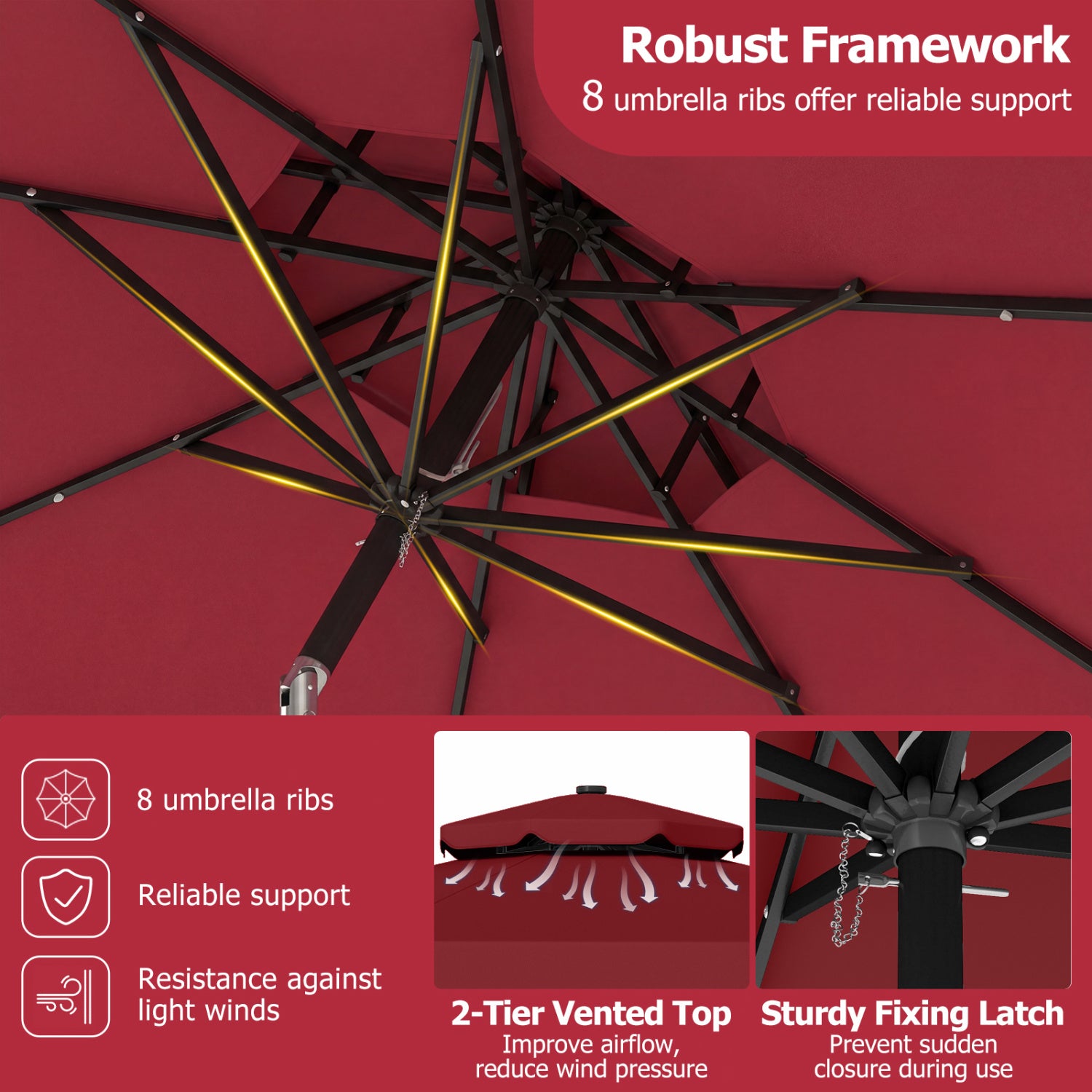 9 FT Solar LED Patio Umbrella, Push Button Tilt Crank, Red Outdoor Umbrellas at Gallery Canada