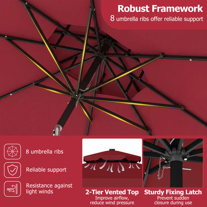 9 FT Solar LED Patio Umbrella, Push Button Tilt Crank, Red Outdoor Umbrellas at Gallery Canada