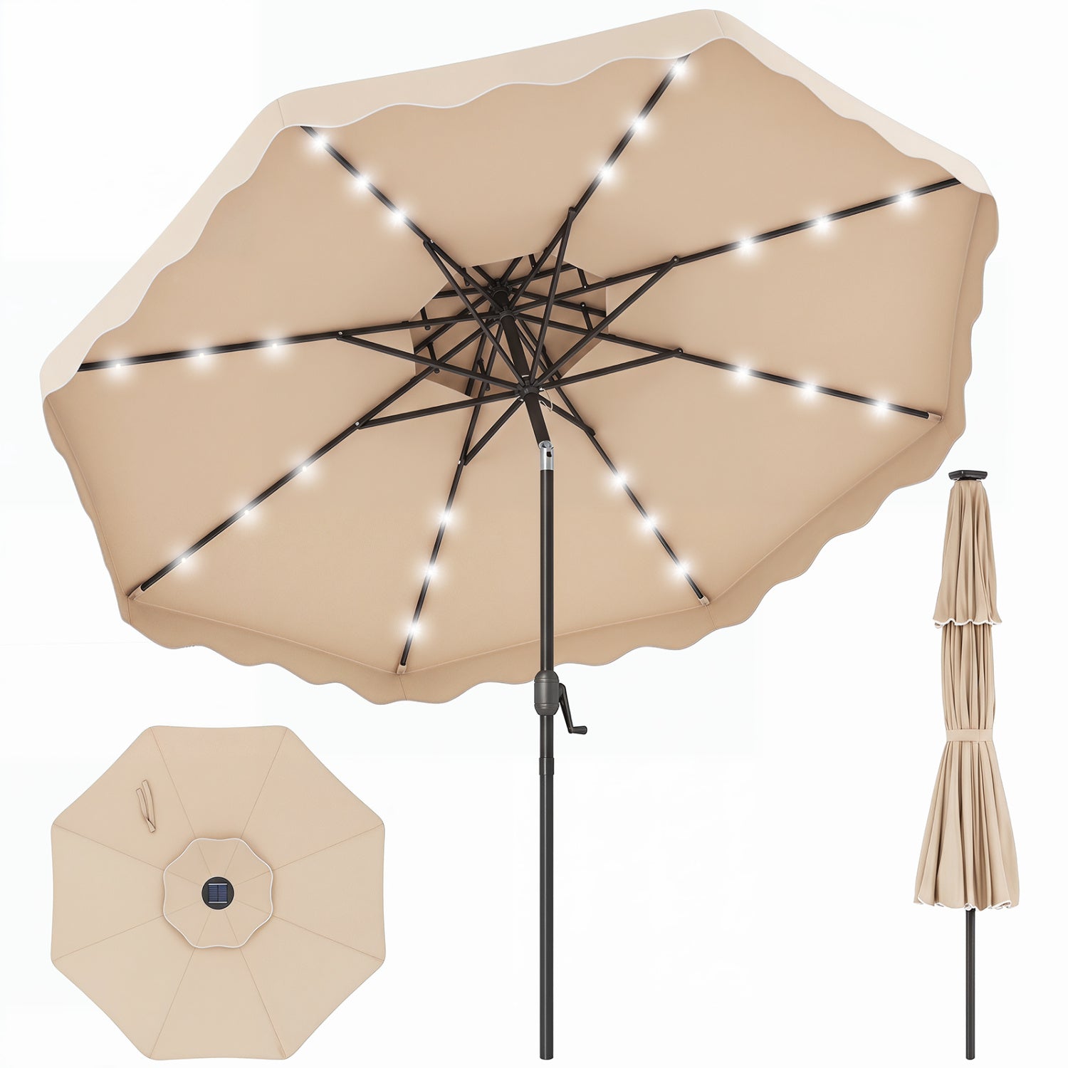 9 FT Solar LED Patio Umbrella, Push-Button Tilt Crank, Beige Outdoor Umbrellas Beige at Gallery Canada