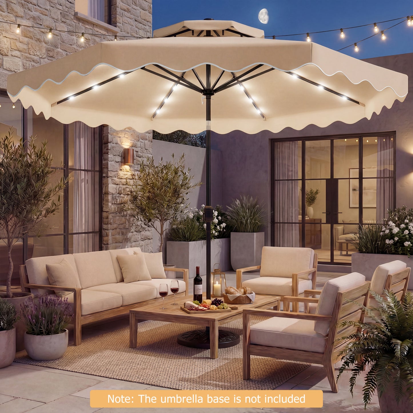 9 FT Solar LED Patio Umbrella, Push-Button Tilt Crank, Beige Outdoor Umbrellas at Gallery Canada