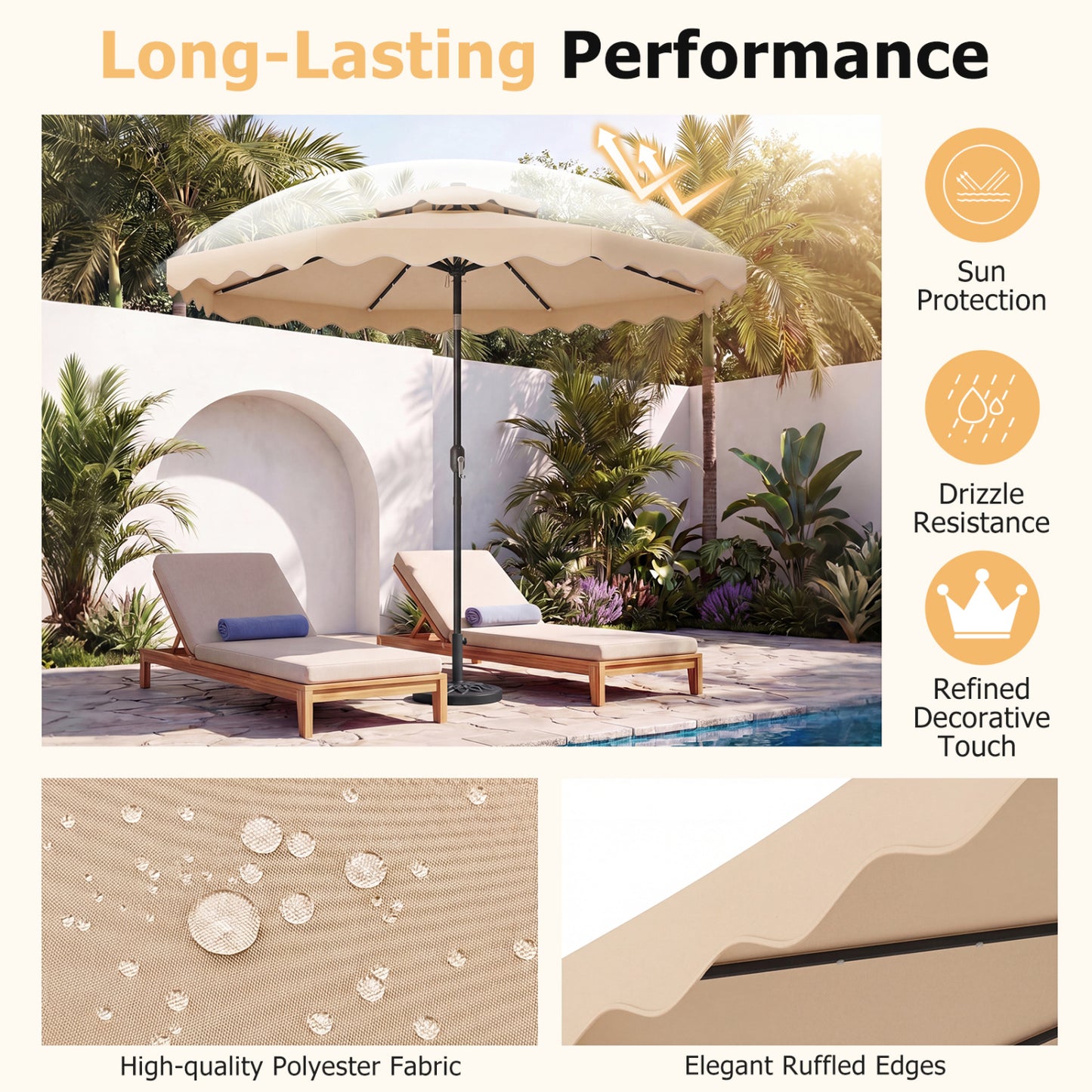 9 FT Solar LED Patio Umbrella, Push-Button Tilt Crank, Beige Outdoor Umbrellas at Gallery Canada