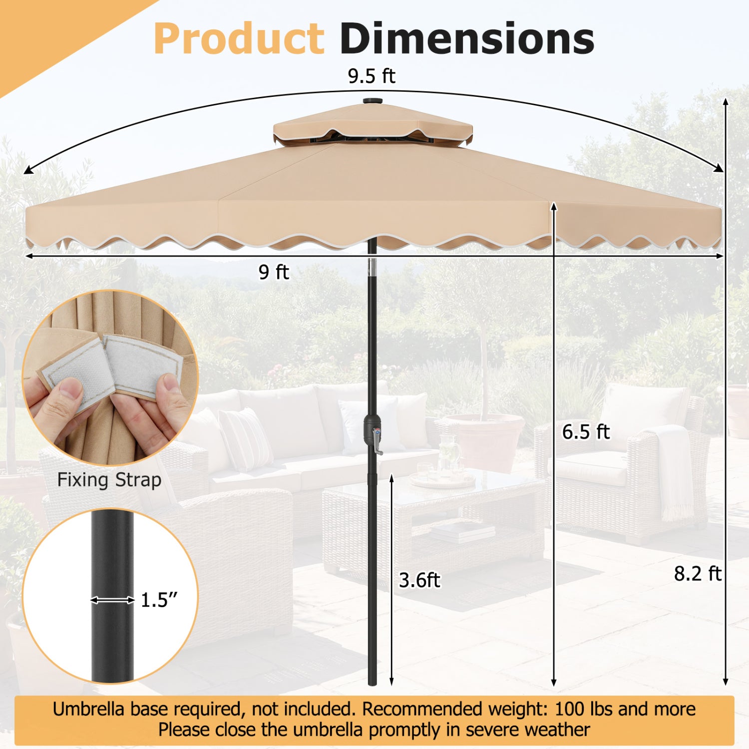 9 FT Solar LED Patio Umbrella, Push-Button Tilt Crank, Beige Outdoor Umbrellas at Gallery Canada