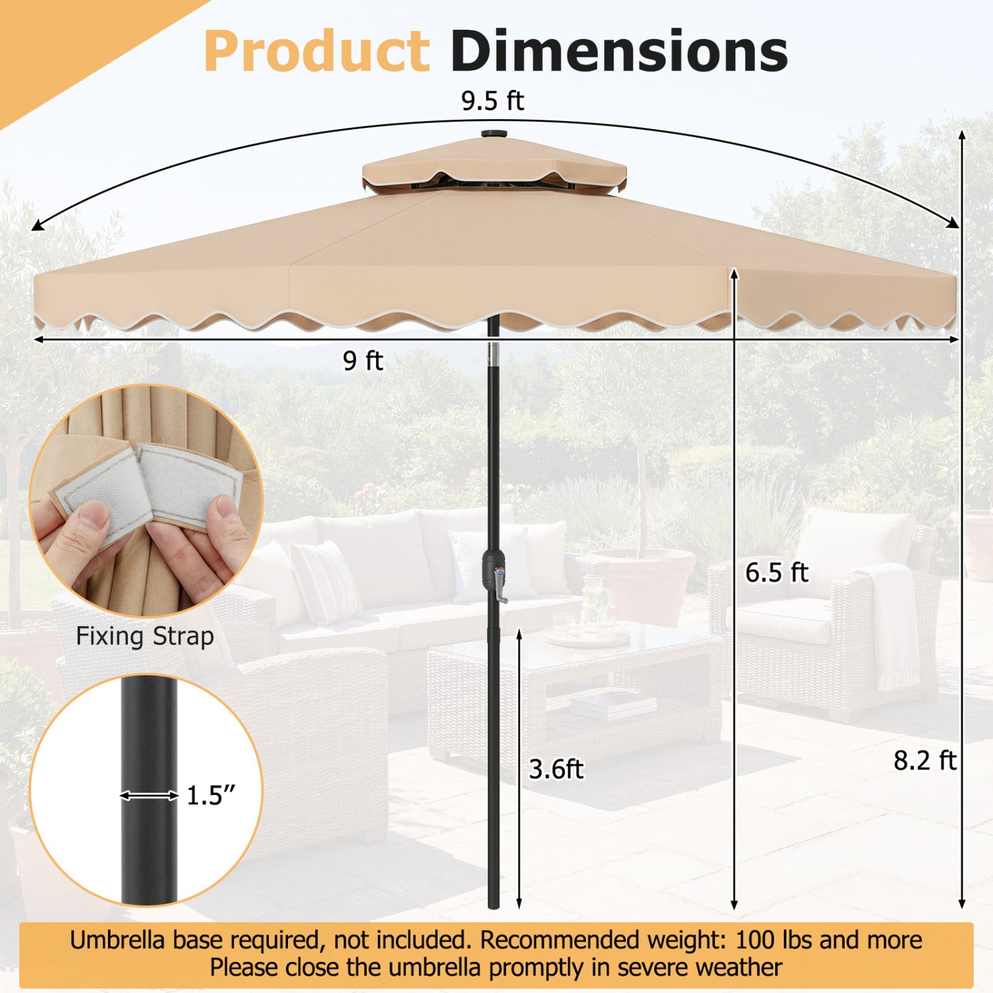 9 FT Solar LED Patio Umbrella, Push-Button Tilt Crank, Beige Outdoor Umbrellas at Gallery Canada