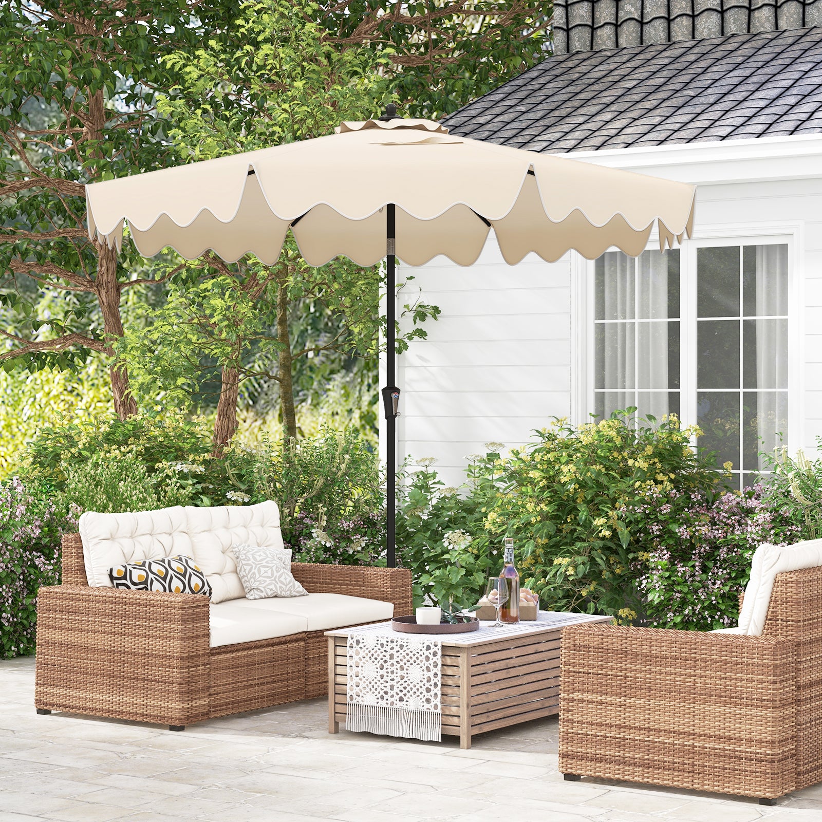 9 Feet Patio Umbrella, Crank Handle, Push Button Tilt, Beige Outdoor Umbrellas Beige at Gallery Canada
