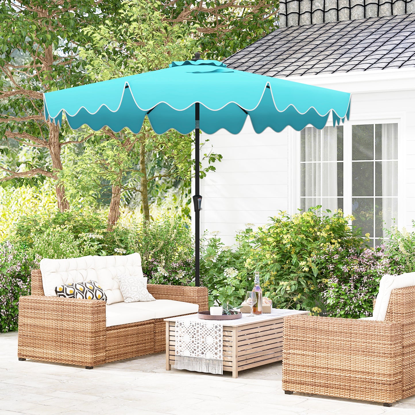 9 Feet Patio Umbrella, Crank Handle, Push Button Tilt, Turquoise Outdoor Umbrellas at Gallery Canada