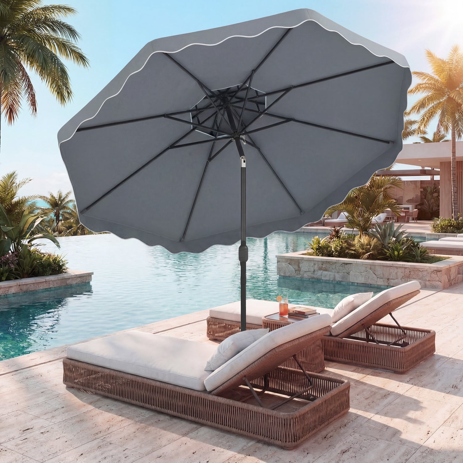 9 Feet Patio Umbrella, Push Button Tilt, Crank, Gray Outdoor Umbrellas at Gallery Canada