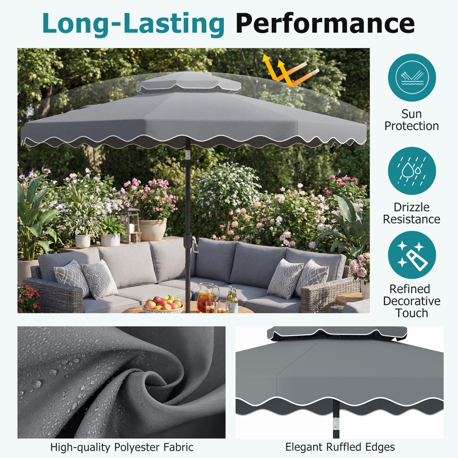 9 Feet Patio Umbrella, Push Button Tilt, Crank, Gray Outdoor Umbrellas at Gallery Canada