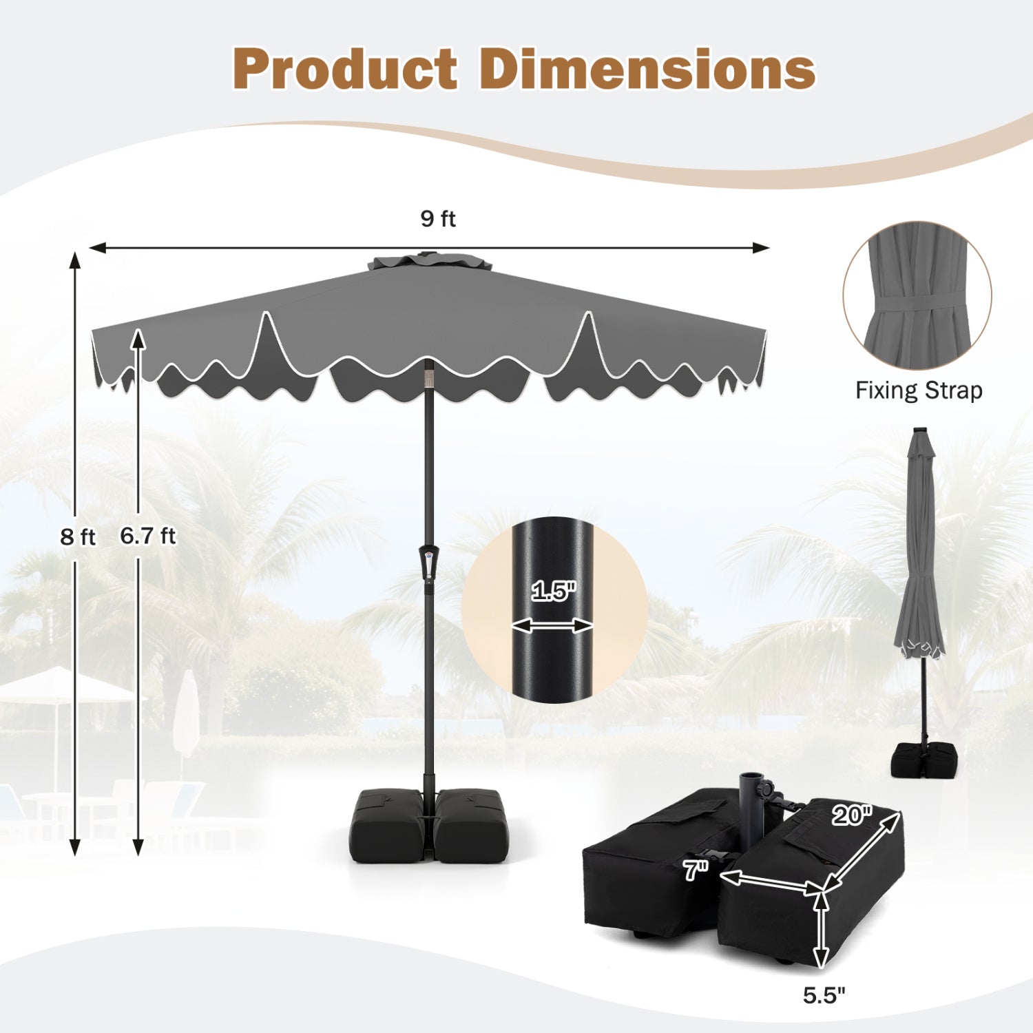 9 Feet Patio Umbrella, Weighted Base, Sandbags, Gray Outdoor Umbrellas at Gallery Canada