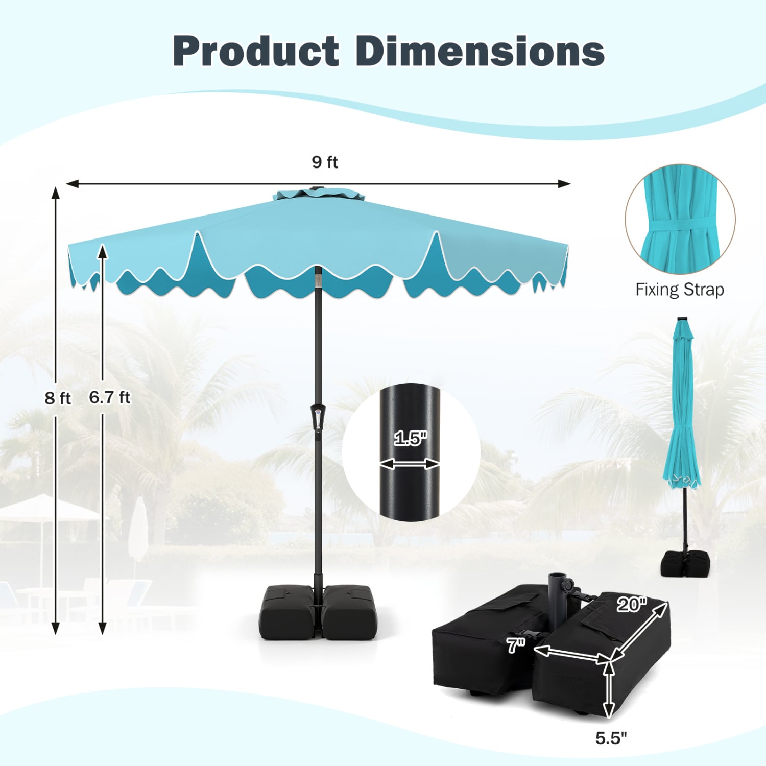 9 Feet Patio Umbrella, Weighted Base With Sandbags, Turquoise Outdoor Umbrellas at Gallery Canada