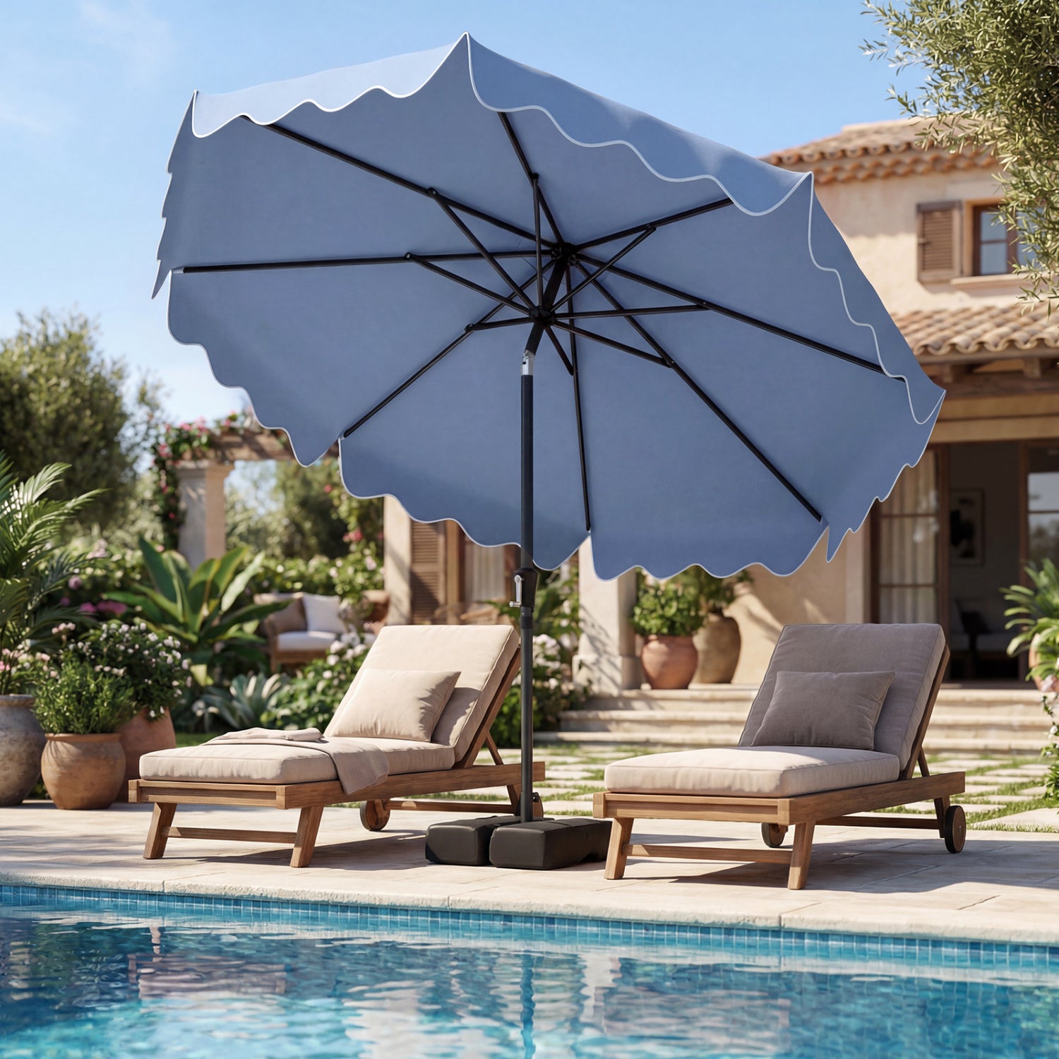 9 Feet Patio Umbrella, Weighted Base, Sandbags, Blue Outdoor Umbrellas at Gallery Canada