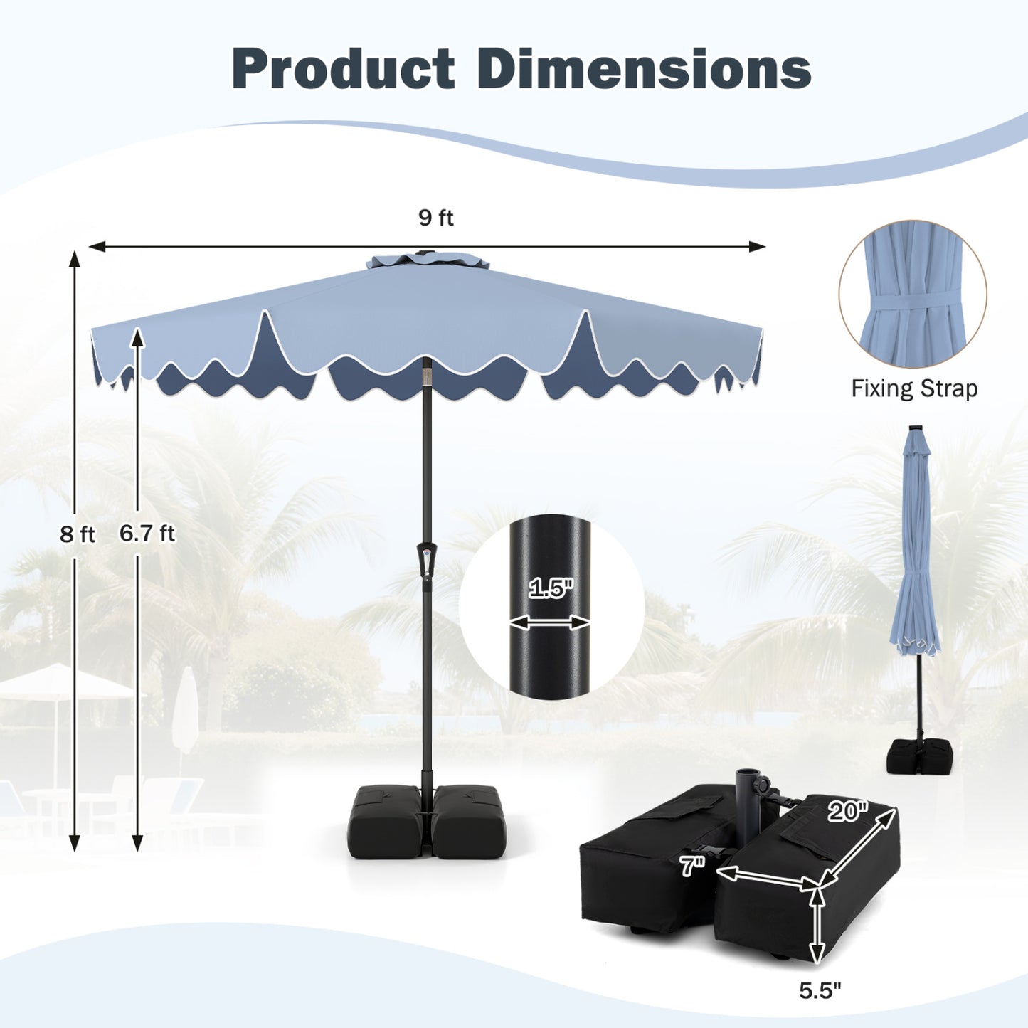 9 Feet Patio Umbrella, Weighted Base, Sandbags, Blue Outdoor Umbrellas at Gallery Canada