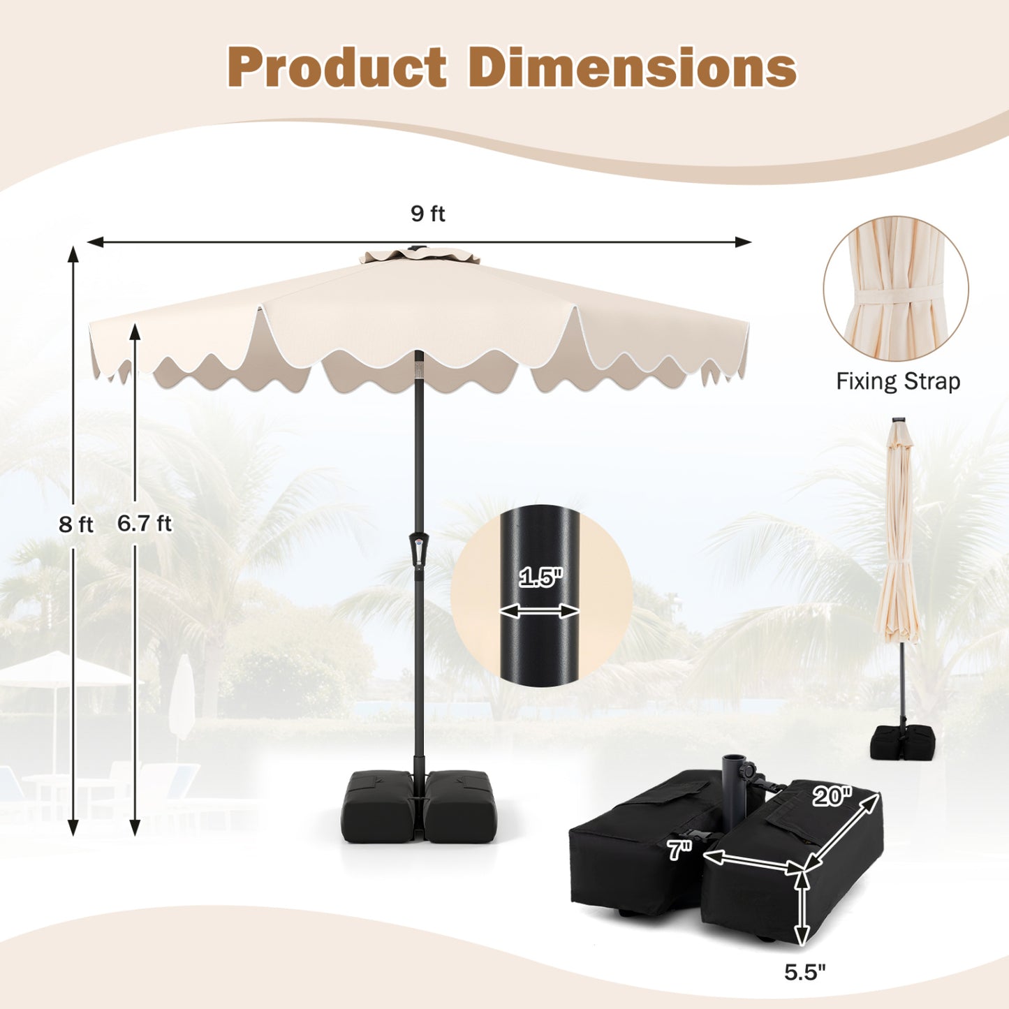 9 Feet Patio Umbrella, Weighted Base, Sandbags, Beige Outdoor Umbrellas at Gallery Canada