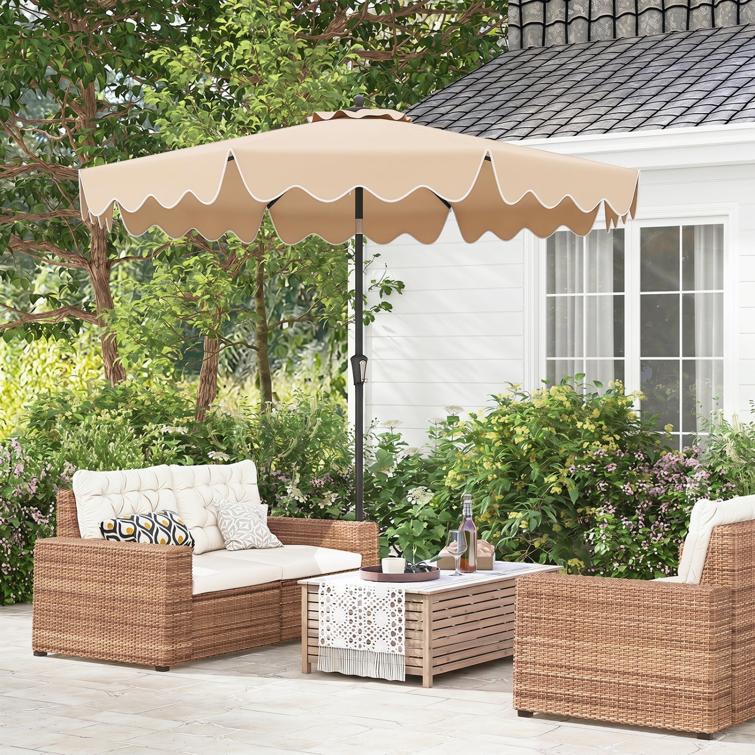 9 Feet Patio Umbrella, Crank Handle, Push Button Tilt, Beige Outdoor Umbrellas at Gallery Canada