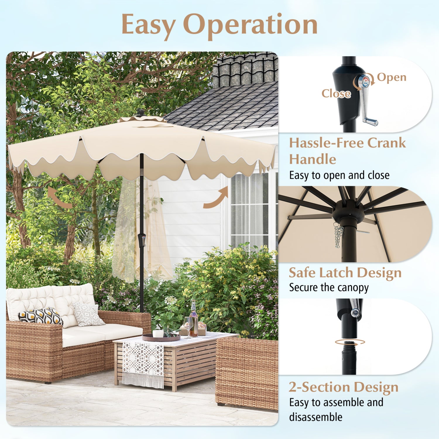9 Feet Patio Umbrella, Crank Handle, Push Button Tilt, Beige Outdoor Umbrellas at Gallery Canada