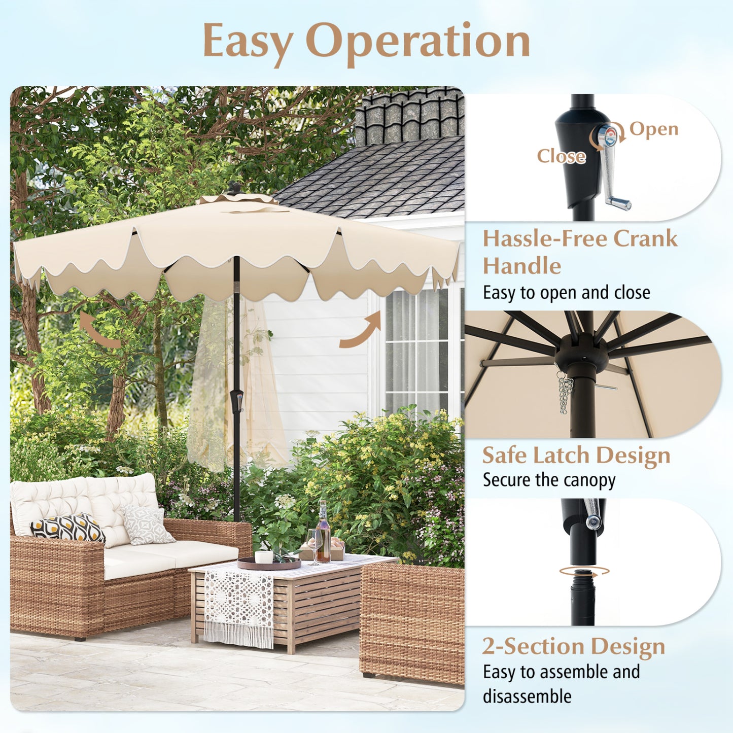 9 Feet Patio Umbrella, Crank Handle, Push Button Tilt, Beige Outdoor Umbrellas at Gallery Canada